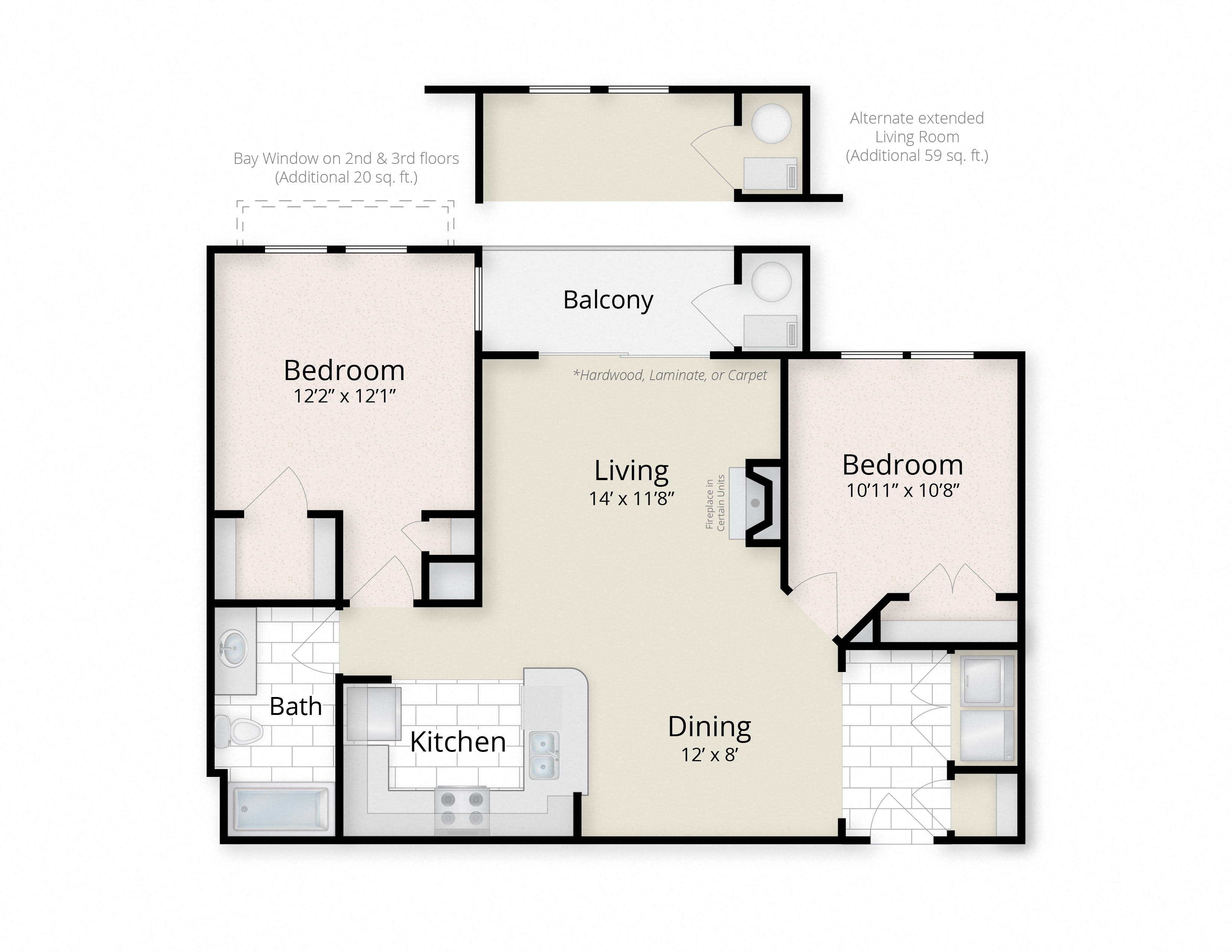 Floor plan for 2 beds, 1 bath, 1033 sqft